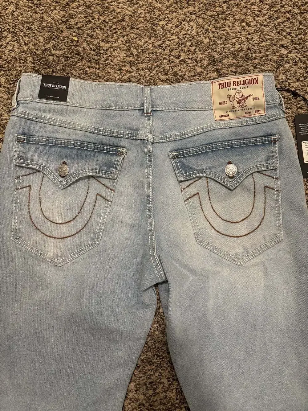 True Religion Rocco Big T Flap Denim Shorts Light Journey Wash Size 34 NWT